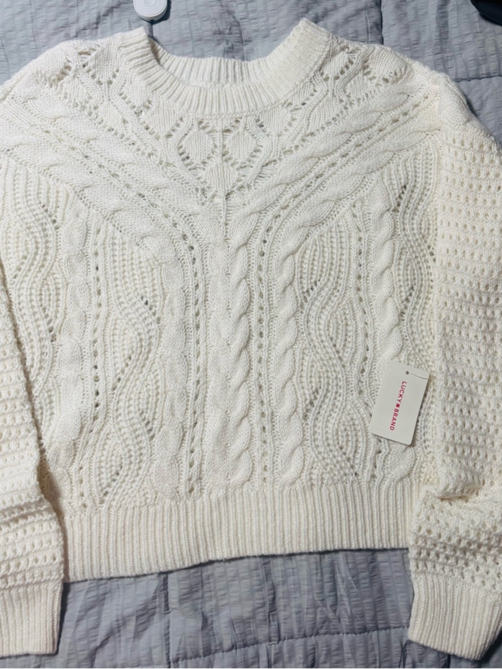 Lucky Brand Off-White Cable Knit Crewneck Sweater